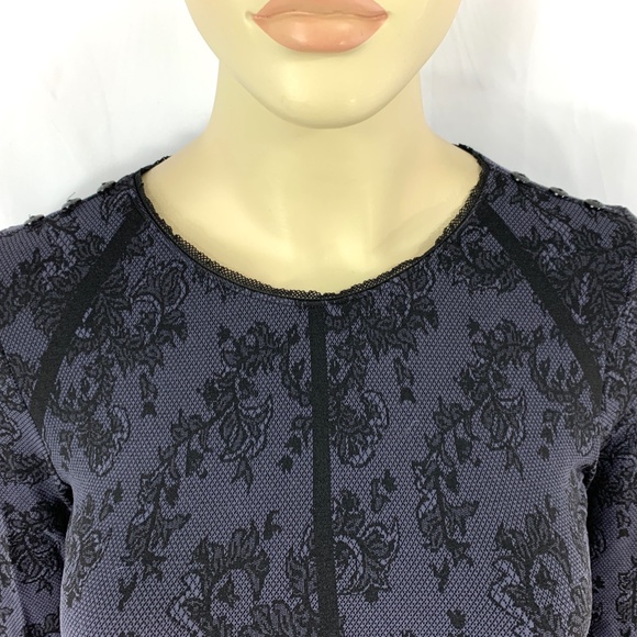 PHILIPPE MATIGNON lace prints black lavender fitted top L - Picture 7 of 11